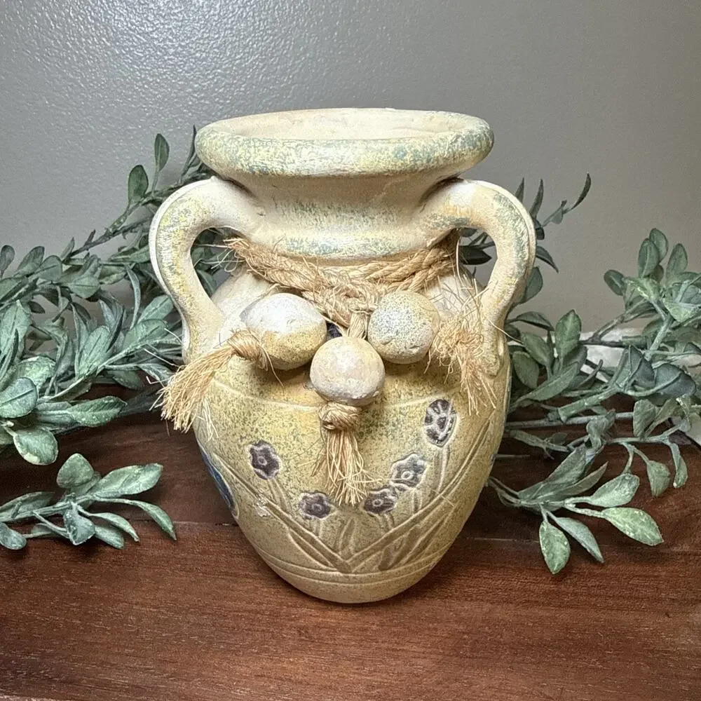 Vintage Art Pottery Gecko Vase Rustic Mediterranean Triple Handle Heavy 5.7”